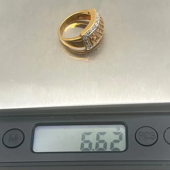 Pave Gold Tone Ring Yellow CZ Silver Tone Accent Size 7 Cocktail Statement 6.62g - Picture 6 of 8